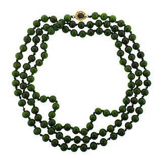 Long 10K Gold Nephrite Bead Necklace