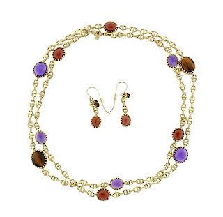 14K Gold Multi Gemstone Necklace Earrings Set