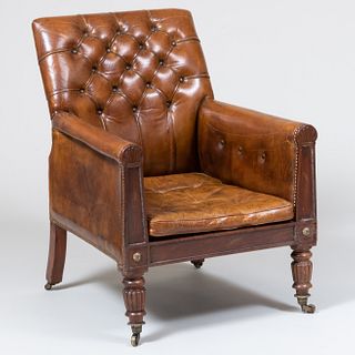 William IV Carved Mahogany and Tufted Leather Library Armchair