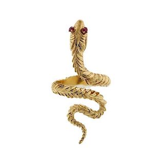 14K Gold Red Stone Snake Ring