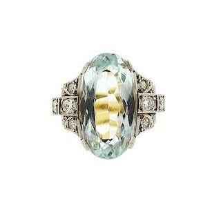 18K Gold Platinum Aquamarine Diamond Ring