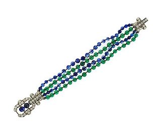 Art Deco Platinum Diamond Green Blue Stone Bead Bracelet