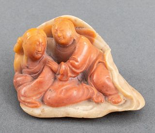 Chinese Orange Soapstone Carving of Two Figures
