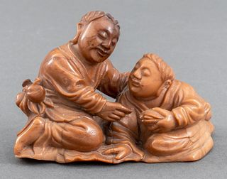Chinese Brown Soapstone Carved Figures & Turtle