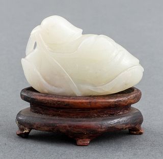 Chinese White Jade Carving of Bird on Lotus