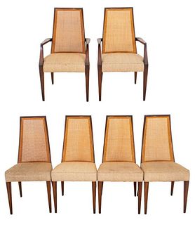 Danish Modern Mahogany Caned Dining Chairs, 6