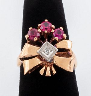 Retro 14K Rose Gold Diamond Synthetic Ruby Ring