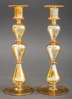Carder Steuben Amber Glass Candlesticks, a Pair
