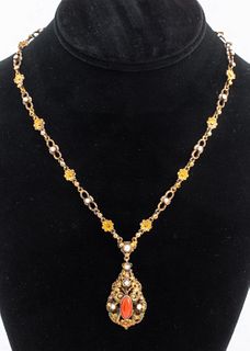 Austro-Hungarian Gilt Silver Coral Pearl Necklace