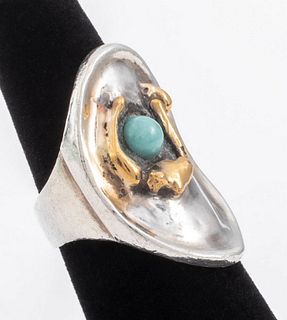 Brutalist Silver & 14K Gold Round Turquoise Ring