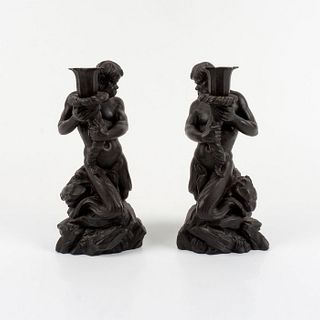 Pair of Wedgwood Black Basalt Figural Triton Candlestick Holders
