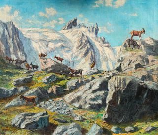 Oil/Canvas Mountain Goat Landscape