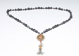 Black Stone Beaded Necklace with Tibetan Detail