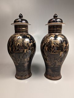 Pair Qianlong-Style Black and Gilt Porcelain Baluster Vases
