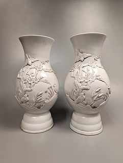 Pair Qianlong-Style Relief White Porcelain Vases