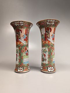 Pair Rose Medallion Enameled Beaker Vases
