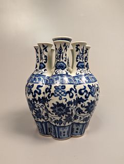 Qianlong-Style Blue and White Porcelain Multi-mouth Bottle Vase