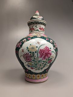 Kangxi-Style Enameled Porcelain Covered Vase