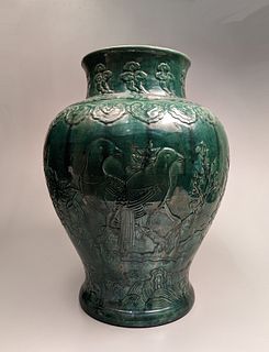 Large Carved Green Glazed Porcelain Vase