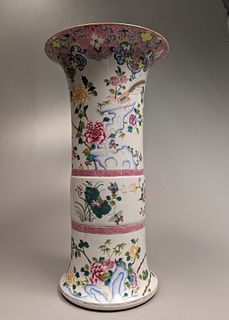 Large Famille Rose Enameled Porcelain Beaker Vase