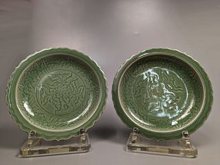 Pair Large Ming-Style Celadon Porcelain Chargers