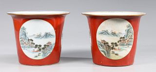 Pair of Chinese Enameled Porcelain Flower Pots