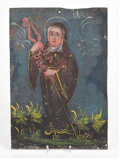 Spanish Colonial Retablo Depicting a Female Saint