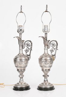 A Pair of Renaissance Revival Silver Plated Lamps