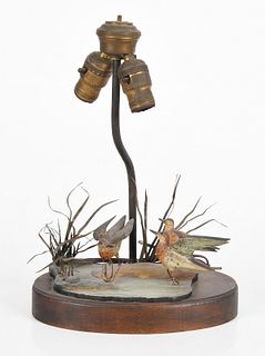 A Folk Art Table Lamp with Three Shore Birds