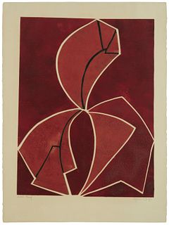 Sigmund Laufer, (1920-2007), "Triple Shape," circa 1970s, Etching and aquatint in colors on paper, Plate: 24.25" H x 18.5" W; Sheet 30" H x 22.5" W