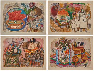 Theo Tobiasse, (1927-2012), "Shavuot" Portfolio, 1984, Four lithographs and carborundum in colors on ecru wove paper, Each sheet: 22.5" H x 30.25" W