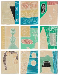 Robin Winters, (b. 1950), "Scratch Music," 1987, The set of nine woodcuts in colors on handmade paper, framed together, Sheet of each: 8.5" H x 6.5" W
