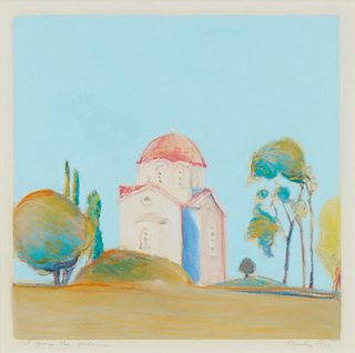 Gregory Kondos, (1923-2021), "St. George Kea, Greece," 1984, Monotype with handcoloring in pastel, Image: 15.5" H x 15.75" W; Sight: 17" H x 17" W