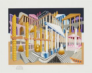 Pedro Friedeberg, (b. 1936), "El Siglo de Pericles," 2018, Serigraph in colors on paper in artist's frame, Image: 11.5" H x 15.75" W; Sight: 15" H x 1