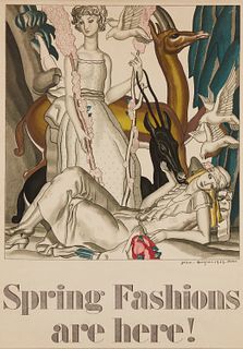 Jean Dupas, (1882-1964), "Spring Fashions are here!," 1929, Lithograph in colors on paper laid to canvas, Image: 42" H x 29.25" W; Sheet: 43.875" H x 