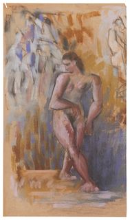 Hans Burkhardt, (1904-1994), Figural nude, 1940, Pastel on tan paper laid to mat board, Image/Sheet: 24.125" H x 13.625" W
