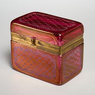 Antique Bohemian cranberry glass jewelry casket