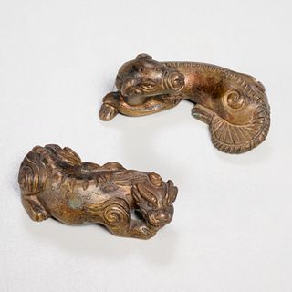 (2) Chinese gilt bronze figural scroll weights