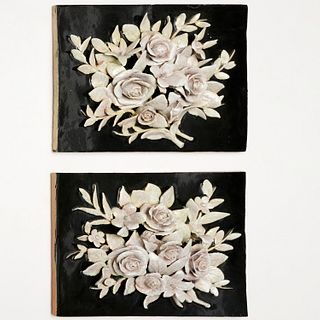 Pair majolica floral plaques in high relief