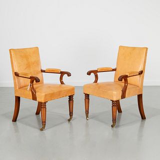 Howe London, pair leather and oak armchairs