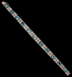 Art Deco blue zircon and white sapphire bracelet mounted in white metal tested as 9 ct gold.