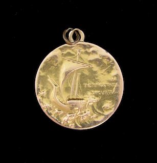 Edmond Henri Becker, yellow metal medallion, circa 1910, 'St. George and the dragon'. Inscribed on reverse In tempestate secu