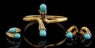 Turquoise, diamond and gold set torque bangle with matching clip on earring and a ring, mounted in 18 ct yellow gold.