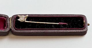 19th C diamond set fox pin, with rose cut diamonds and ruby eyes, in silver and gold, cased