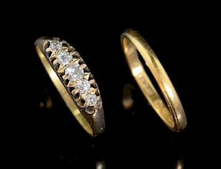 A late Victorian diamond set ring, 18 ct and a gold wedding band 22 ct
