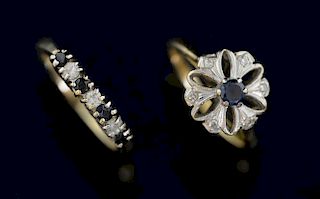 Two rings, sapphire and diamond in milgrain open setting, 18 ct and another 9 ct