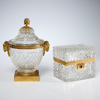 Baccarat style cut glass box & lidded urn