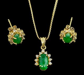 Gold pendant set with jade, and diamonds and a matching  pair of cluster stud earrings, set in 18 ct gold