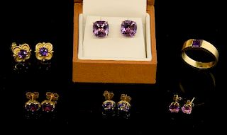 Amethyst gold ring, stamped 750 for 18 ct and four pairs of  amethyst set stud earrings,