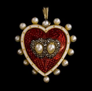 Victorian enamel and pearl heart pendant/brooch, the centre set with two entwined hearts set with diamond and pearls on a red